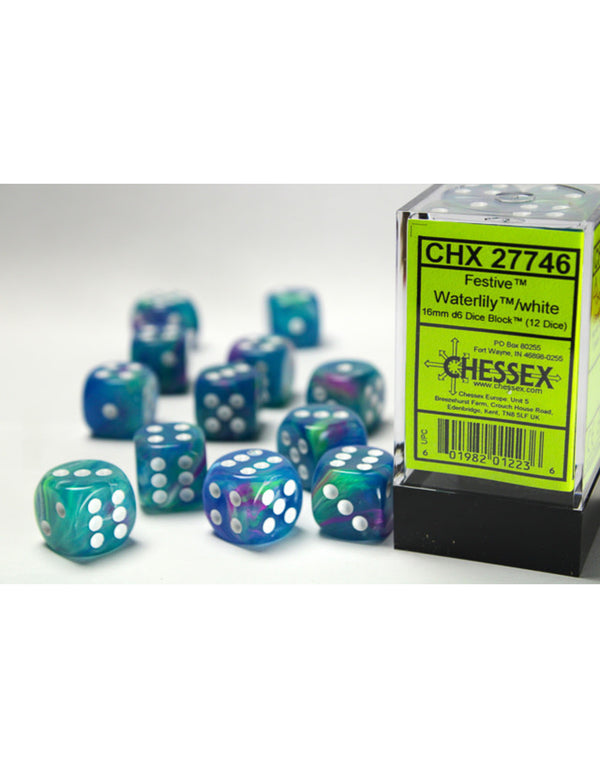 Festive Waterlily/White - 16mm D6 Dice Block (Cheesex)